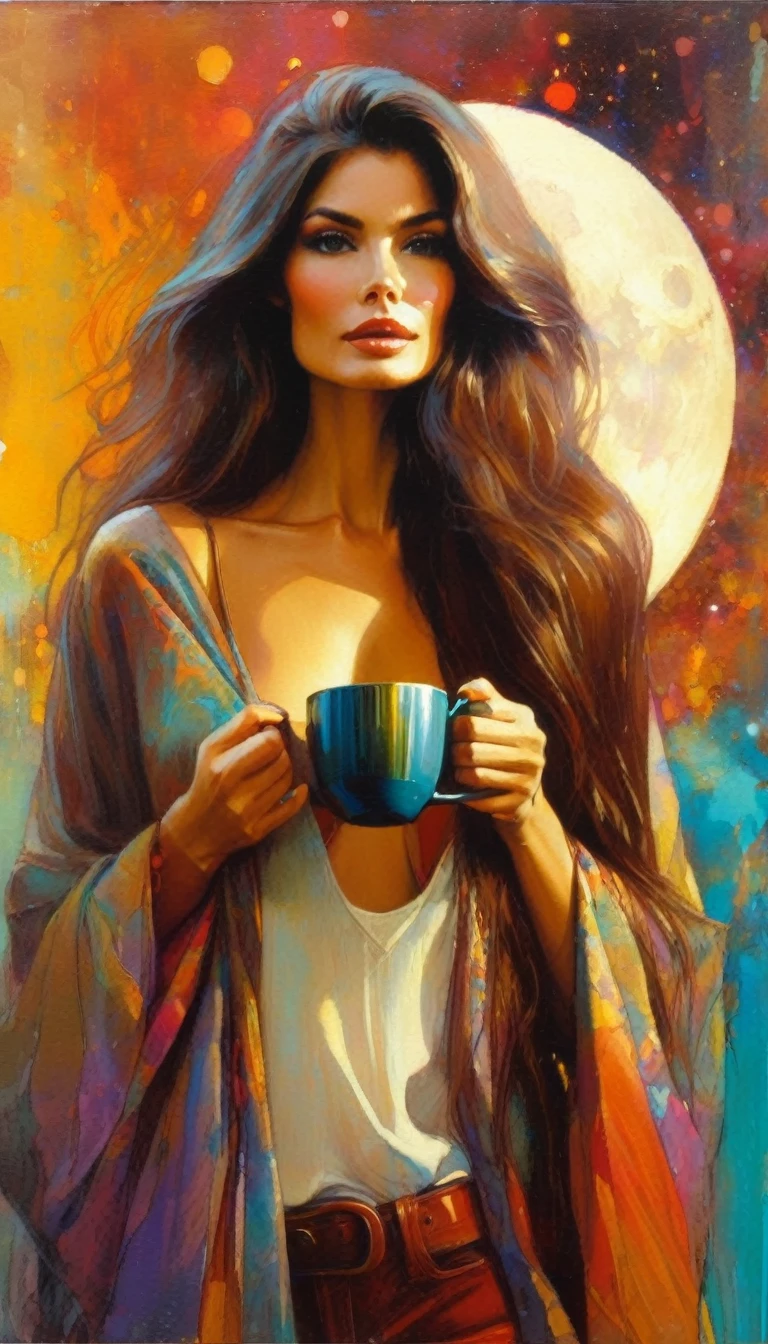 beautiful woman, traveling woman with a luxury cup in one hand, brown long hair, colorful clothes , half moon, discovery, trip (art inspired by Bill Sienkiewicz). oil painting)