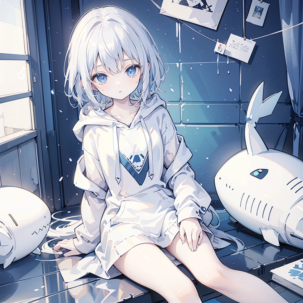 best quality, Clear ,beautiful, absurdres, a girl, have A Stuffed Shark ,with motif of Sharks, neutral, sitting on the floor, looking at viewer, short hair, curly, white hair, blue eyes, eyes open, wide-eyed, pale skin, , hoodie, 10-year-old, toddler, white background, soft-edged, blue hues, low saturated colors, pale colors, blue and white,Watercolor Feeling,sketch