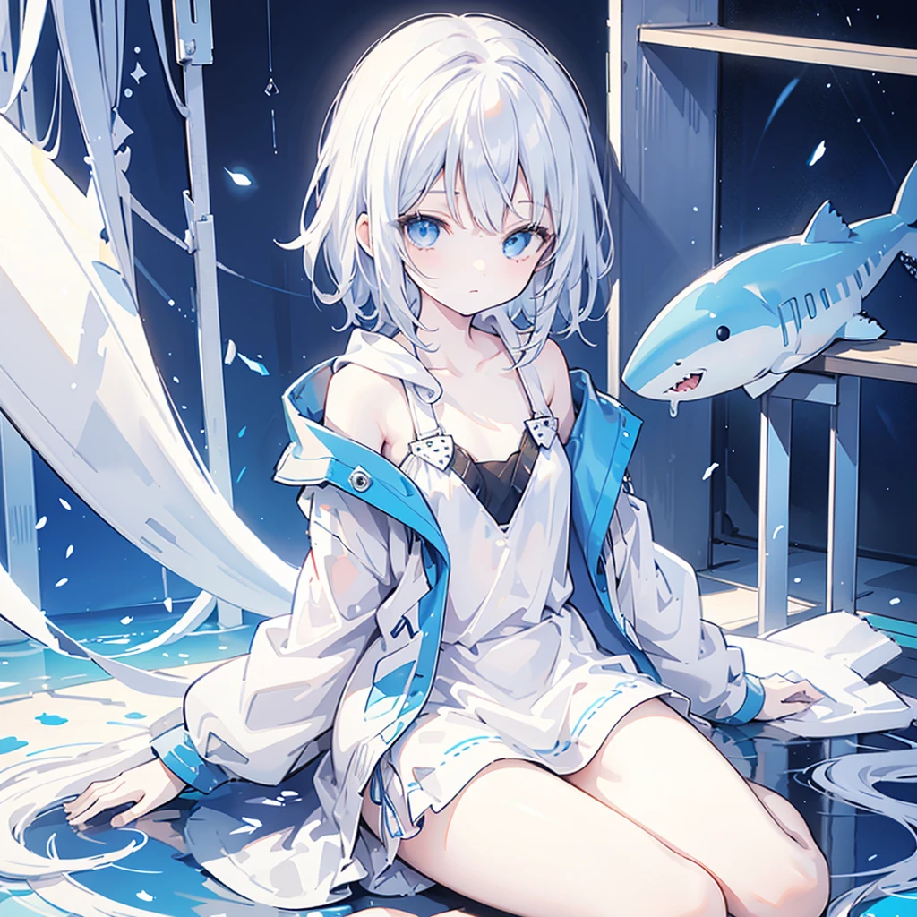 best quality, Clear ,beautiful, absurdres, a girl, have A Stuffed Shark ,with motif of Sharks, neutral, sitting on the floor, looking at viewer, short hair, curly, white hair, blue eyes, eyes open, wide-eyed, pale skin, , hoodie, 10-year-old, toddler, white background, soft-edged, blue hues, low saturated colors, pale colors, blue and white,Watercolor Feeling,sketch