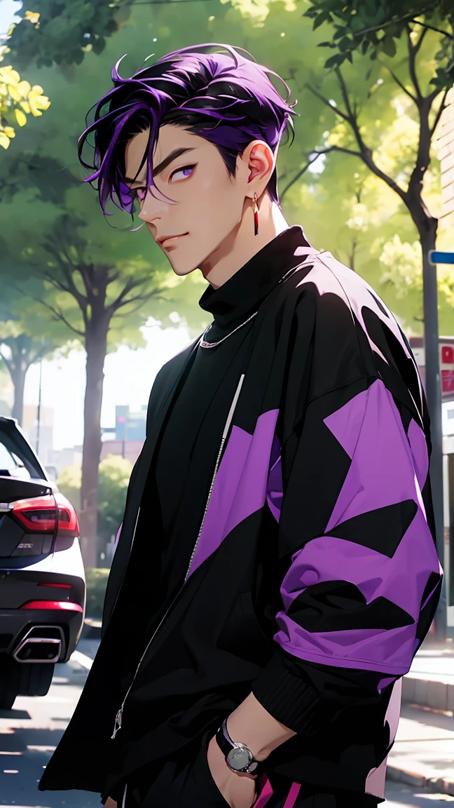 highest quality, 8K, high resolution image, anime style Jujutsu Kaisen, (Iori_suiseki), detailed strokes, bored look , blurred, purple light reflecting from it, (close angle), 1 man, young, male, model, hand in pocket, cool guy, multicolored Background with various geometric shapes, around stickers, muscular,Black hair, purple eyes, multicolored hair, purple hair, hair between eyes, highlighted hair ,swollen chest, withe shirt, black sweater, sweatpants, Background: big City, Streets, Park, People, blue sky, Cars, Bike
