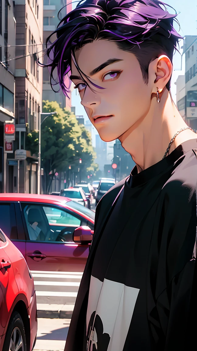 highest quality, 8K, high resolution image, anime style Jujutsu Kaisen, (Iori_suiseki), detailed strokes, bored look , blurred, purple light reflecting from it, (close angle), 1 man, young, male, model, hand in pocket, cool guy, multicolored Background with various geometric shapes, around stickers, muscular,Black hair, purple eyes, multicolored hair, purple hair, hair between eyes, highlighted hair ,swollen chest, withe shirt, black sweater, sweatpants, Background: big City, Streets, Park, People, blue sky, Cars, Bike