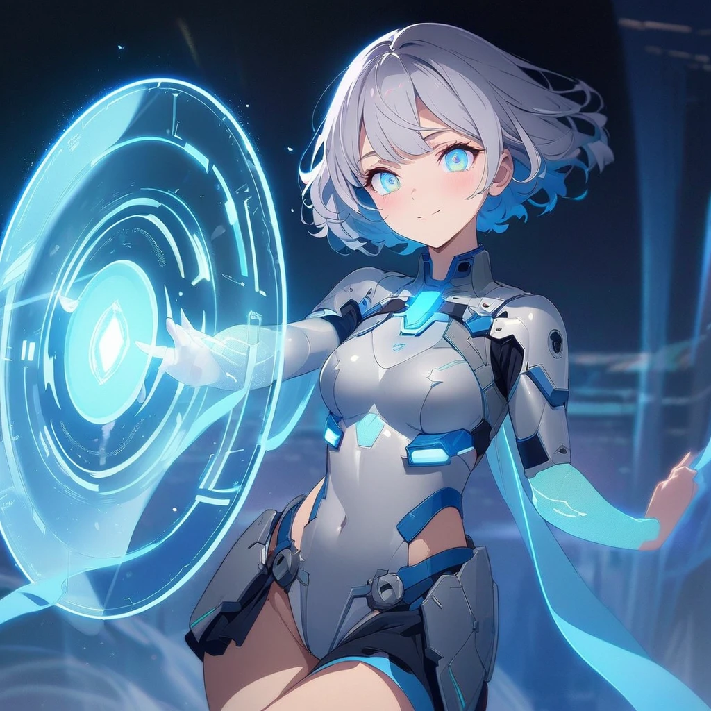 an image of a gentle girl with short, silvery-blue hair, wearing a futuristic, battle-ready outfit with glowing blue elements. She has a kind expression on her face, characterized by soft, warm eyes and a gentle smile with relaxed features. She is generating a large, translucent energy shield that shimmers with blue light, protecting herself and an area around her. The girl should be in a dynamic yet gentle pose, with one hand outstretched towards the viewer as if she's directing the shield and the other hand resting gently by her side. Her stance is strong yet relaxed, with one leg slightly bent. The background is dark and dramatic, with hints of blue light and energy waves illuminating their figures. The shield should have intricate, glowing patterns, enhancing the sense of her power and gentle control, (nude:0.8), detailed gorgeous face| anime style| key visual| intricate detail| highly detailed| breathtaking| vibrant| panoramic| cinematic| Carne Griffiths| Conrad Roset| gibbli 8k