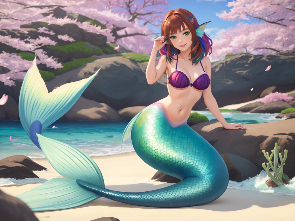 masterpiece, best quality:1.2), 1girl, smile, looking at viewer, green eyes, short brown multicolored hair, mermaid, mermaid girl, wearing purple seashell bra, laying on beach, colorful mermaid tail, outdoors, head fins, fin ears, under cherry blossoms