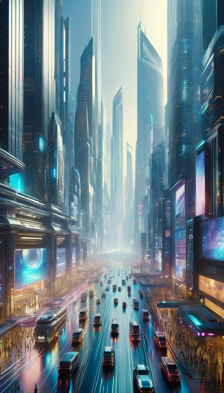 a sprawling futuristic cityscape, towering skyscrapers and neon-lit streets, intricate architecture, advanced transportation systems, bustling crowds of people, dynamic and vibrant atmosphere, digital displays and holograms, alien technology, cinematic lighting, dramatic shadows and highlights, (best quality,4k,8k,highres,masterpiece:1.2),ultra-detailed,(realistic,photorealistic,photo-realistic:1.37),oil painting,inspired by Bill Sienkiewicz