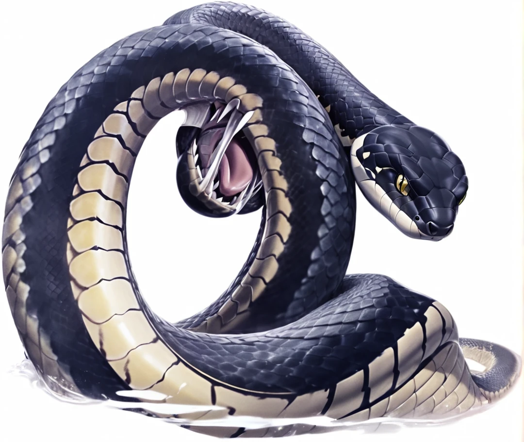there is a drawing of a snake with its mouth open, Jermon Gander, snake, Jomon Gander, snake body, snake head, lower half of his body is snake, snake, snakeine water monster, snake body, chest up human lower half snake, snake art, snake human hybrid, big snakes heads with open mouth, high resolution, big snake