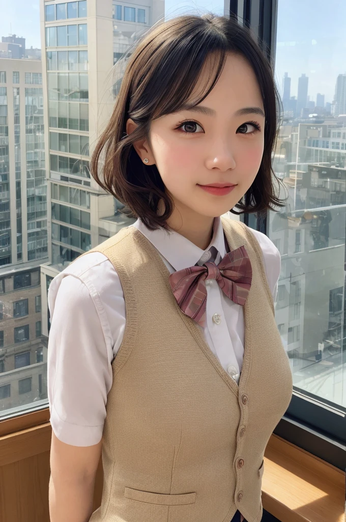1girl, matured female, vest, bow, photo, realistic, best quality, hires, detailed face, office, buildings from window, detailed background, diffused sunlight, depth of field, bokeh