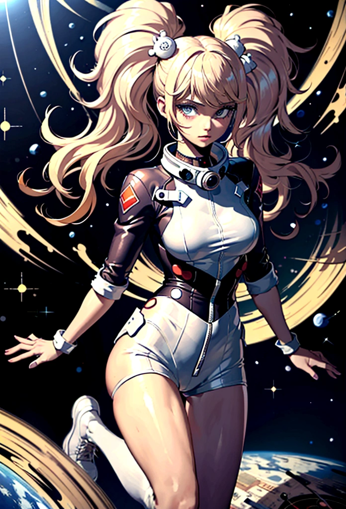 One adult woman, pink eyes, long blonde hair, space, plug suit