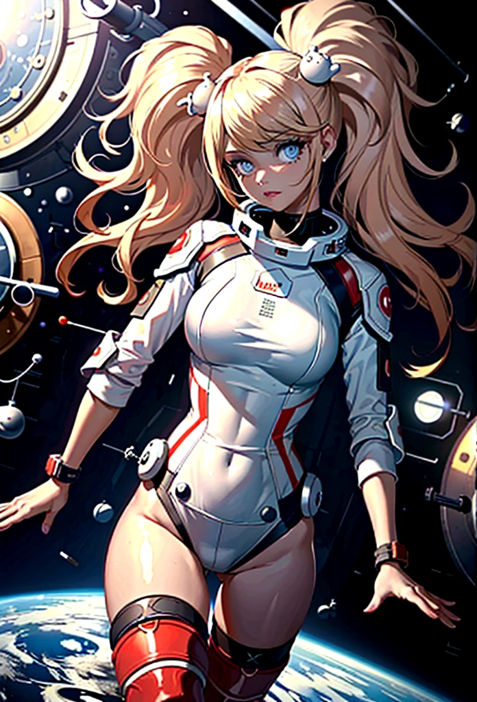 Ridiculous resolution, high resolution, (masterpiece:1.4), Extremely detailed, 1 Girl, in spacesuit, Look from above, space, floating, satellite, Running posture, Wide-angle lens distortion