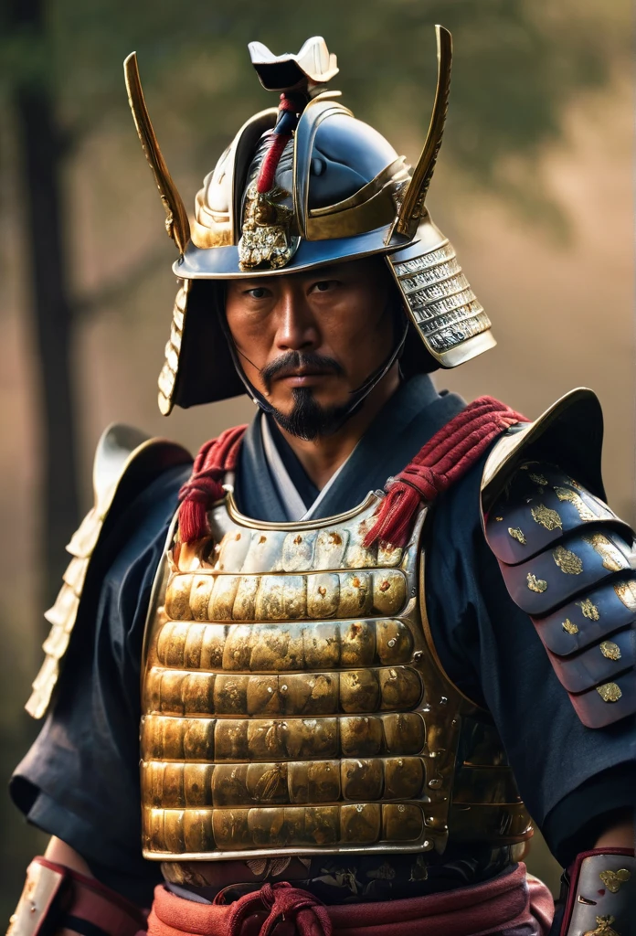 (best quality, 4k, 8k, high resolution, masterpiece: 1.2), ultra detailed, (realistic, photorealistic, photorealistic: 1.37), a samurai, traditional armor, ultra-fine painting, HDR, UHD, studio lighting, physics. Based on rendering, professional, vivid colors, long katana, shiny metallic armor, cloth tunic with intricate patterns, Shiroyama hill background sharp focus, polished helmet, decorative insignia, stoic and fierce expression, powerful posture, rippling muscles and defined physique, styled hair. , Artistic representation, spectacular lighting, color grading to enhance the traditional feel, authentic samurai footwear.