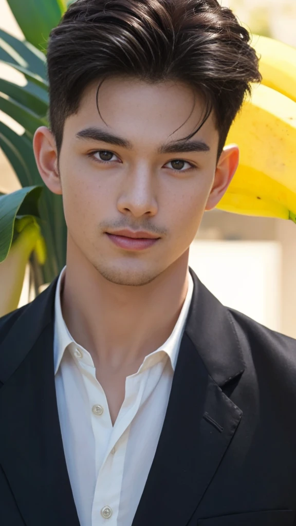 (RAW photo :1.2), (verisimilitude :1.4), (pure background), professional dress male, banana in hand, posing at screen smiling, very detailed eyes and face, super detailed, High resolution, very detailed, best quality, masterpiece, 8k, amazing, fine detail, soft lighting
