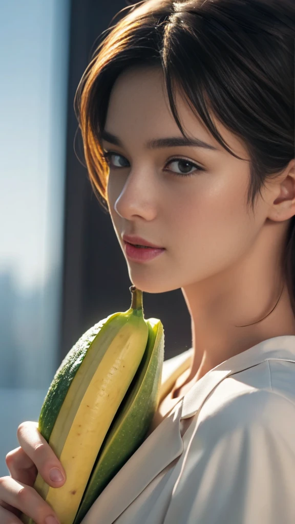 (RAW photo :1.2), (verisimilitude :1.4), lively boy holding a banana, posing at the screen smiling, very detailed eyes and face, beautiful detail eyes, huge file size, Super Detailed, High resolution, Very Detailed, best quality, Masterpiece, 8k, Amazing, fine detail, soft lighting, ((dynamic)), (Long hair)), (in the back) (pink background)