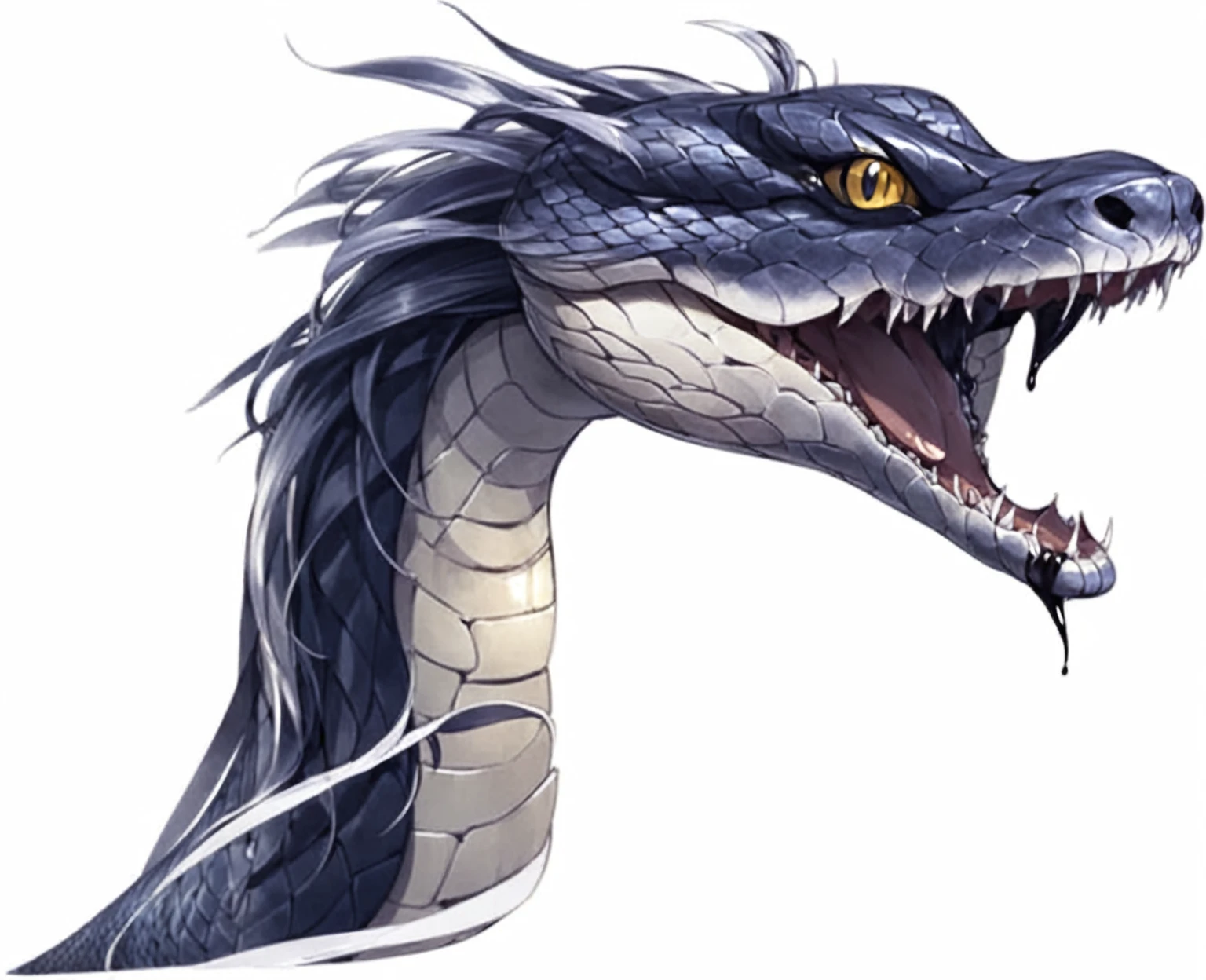 there is a drawing of a snake with its mouth open, Jermon Gander, snake, Jomon Gander, snake body, snake head, lower half of his body is snake, snake, snakeine water monster, snake body, chest up human lower half snake, snake art, snake human hybrid, big snakes heads with open mouth, high resolution, big snake