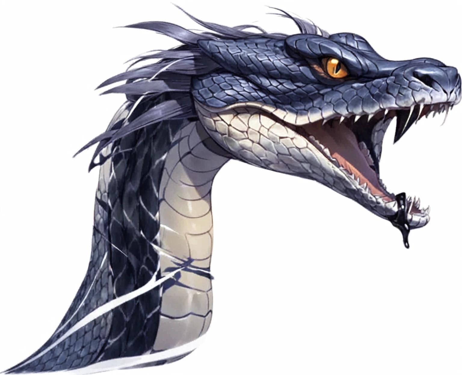 there is a drawing of a snake with its mouth open, Jermon Gander, snake, Jomon Gander, snake body, snake head, lower half of his body is snake, snake, snakeine water monster, snake body, chest up human lower half snake, snake art, snake human hybrid, big snakes heads with open mouth, high resolution, big snake