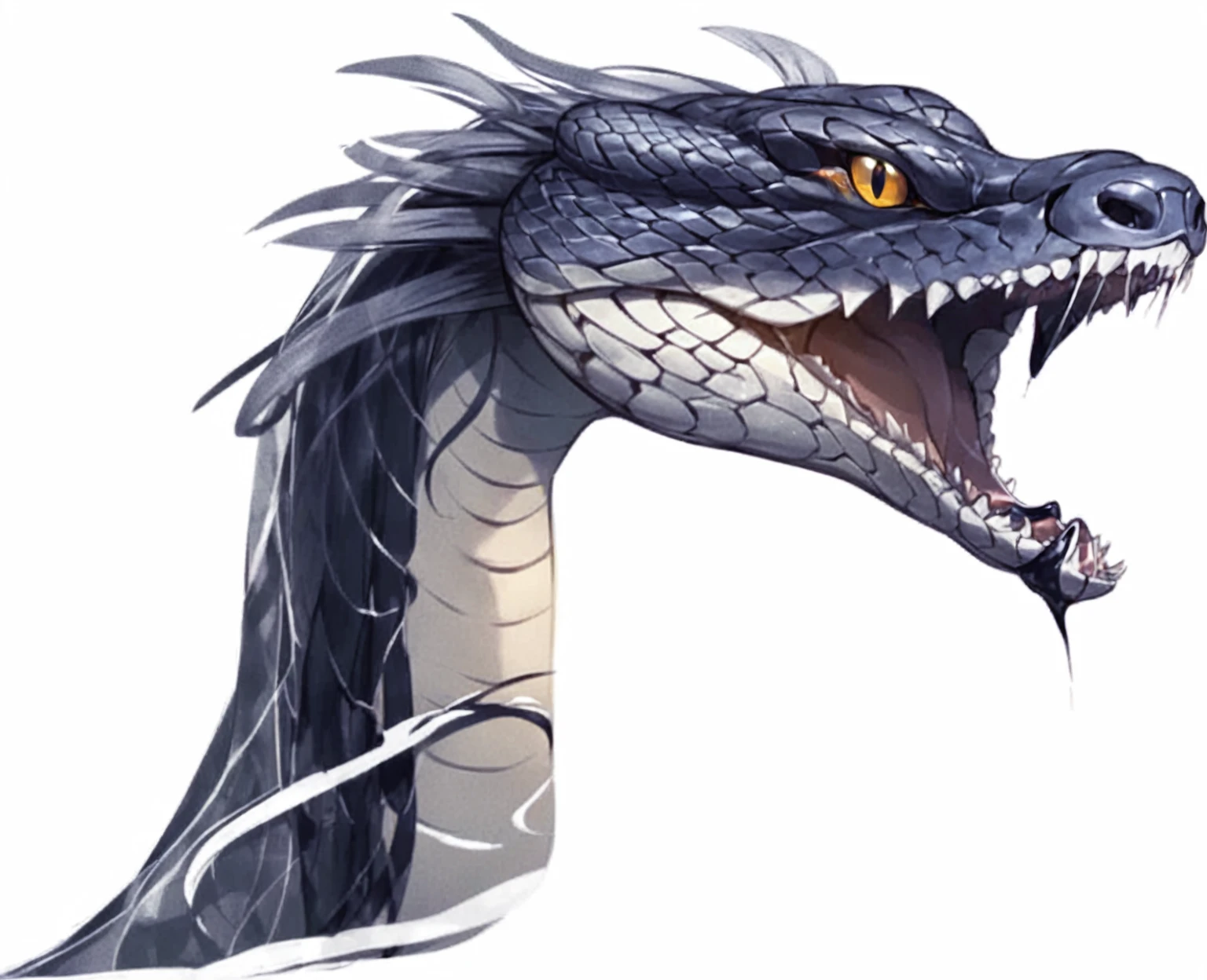 there is a drawing of a snake with its mouth open, Jermon Gander, snake, Jomon Gander, snake body, snake head, lower half of his body is snake, snake, snakeine water monster, snake body, chest up human lower half snake, snake art, snake human hybrid, big snakes heads with open mouth, high resolution, big snake