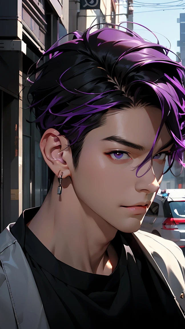 highest quality, 8K, high resolution image, anime style Jujutsu Kaisen, (Iori_suiseki), detailed strokes, bored look , blurred, purple light reflecting from it, (close angle), 1 man, young, male, model, hand in pocket, cool guy, multicolored Background with various geometric shapes, around stickers, muscular,Black hair, purple eyes, multicolored hair, purple hair, hair between eyes, highlighted hair ,swollen chest, withe shirt, black sweater, sweatpants, Background: big City, Streets, Park, People, blue sky, Cars, Bike