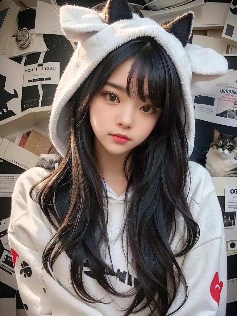a close up of a person wearing a hoodie and a cat hat, black haired girl wearing hoodie, cute girl with long hair, cute kawaii girl, kawaii realistic portrait