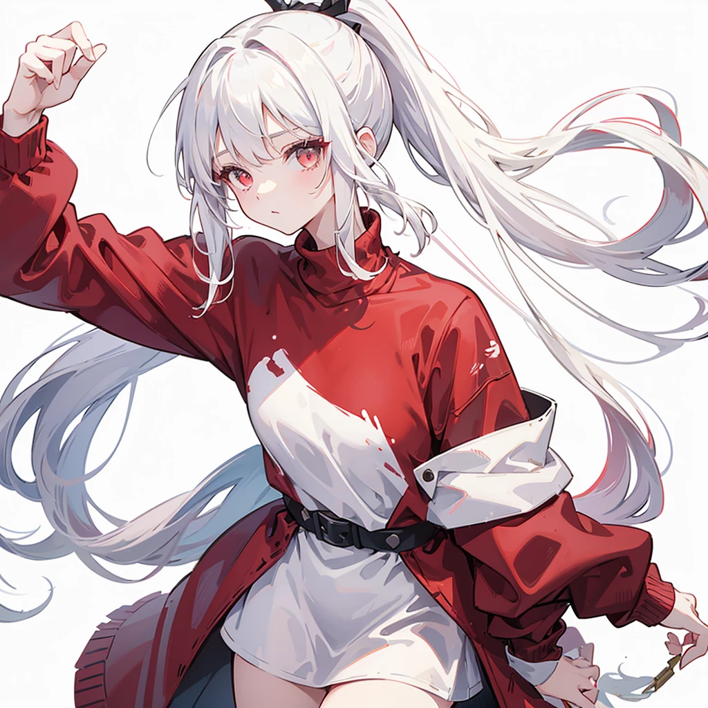 A girl with a high ponytail wearing a red sweatshirt，Beautiful figure，White hair，((Pure white background))