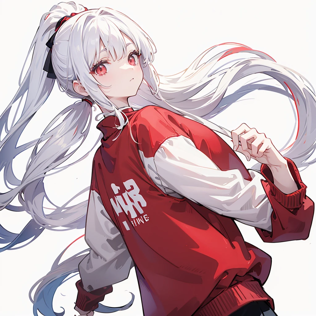 A girl with a high ponytail wearing a red sweatshirt,Beautiful figure,White hair,((Pure white background))