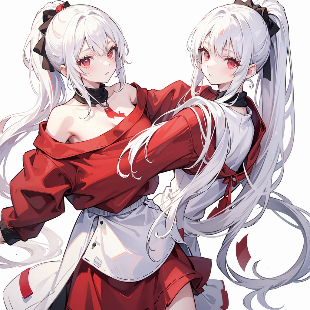 A girl with a high ponytail wearing a red sweatshirt,Beautiful figure,White hair,((Pure white background))