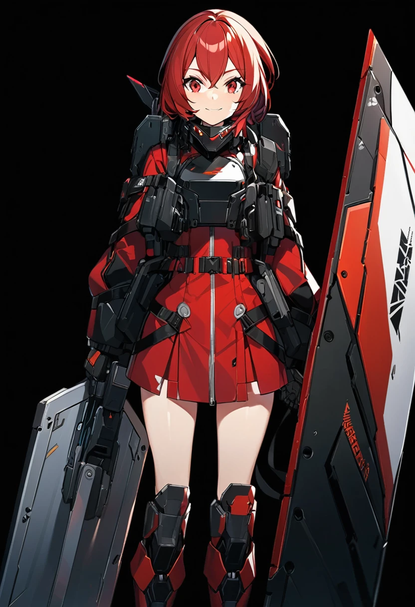 Anime-style girl in black and red outfit holding large shield, Cyberpunk Anime Girl Mecha, Wearing technical clothing, Amazing anime 8k, From Girls Frontline, Mechanized Soldier Girl, Special Assault Team, special forces, M4 Sopmod II Girls Frontline, Official character art, Kashert Kenz, Kshat Garland, ((short length red hair)), innocent, (cute), smiling, ((black background)), ((simple background)), ((holding super large shield)), ((Shield as tall as the owner's height)), ((small chest)), ((black long botoms)), , ((Kindness)), ((gentleness)), cheerful, Happy Smile,