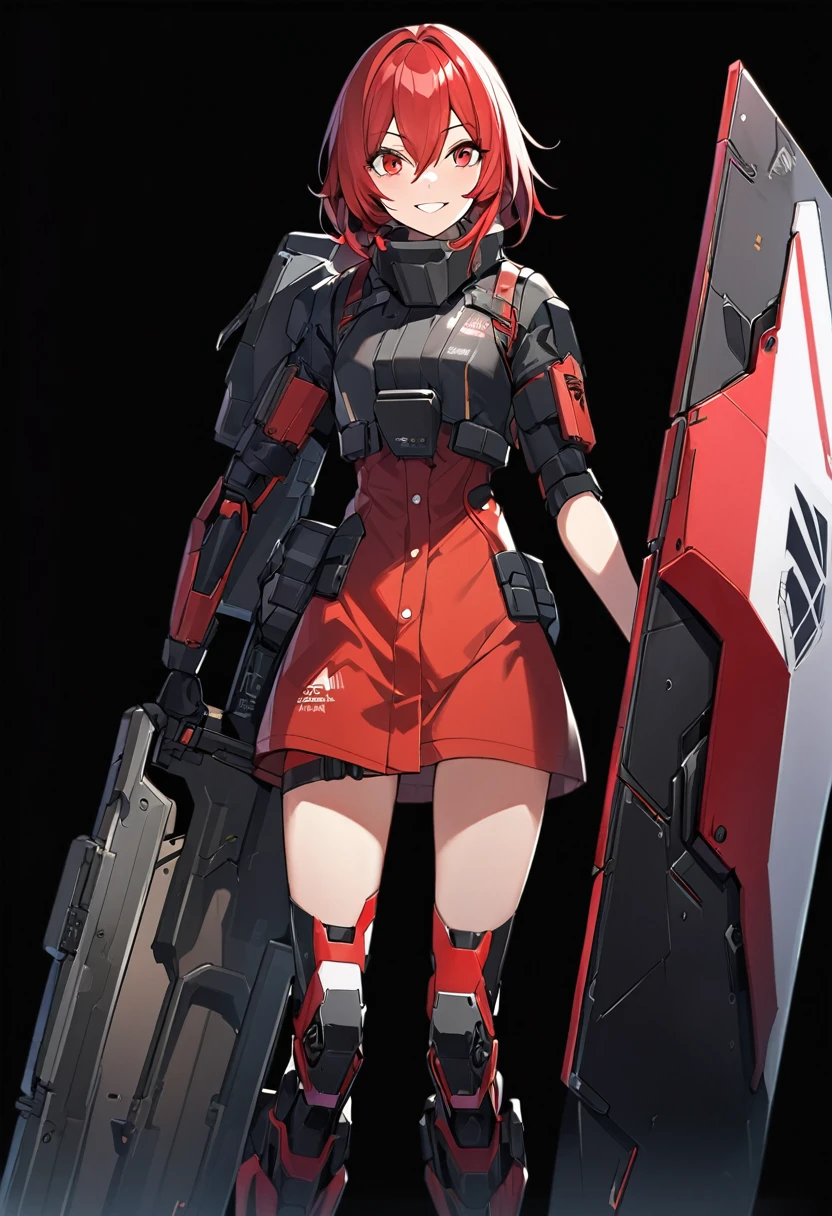 Anime-style girl in black and red outfit holding large shield, Cyberpunk Anime Girl Mecha, Wearing technical clothing, Amazing anime 8k, From Girls Frontline, Mechanized Soldier Girl, Special Assault Team, special forces, M4 Sopmod II Girls Frontline, Official character art, Kashert Kenz, Kshat Garland, ((short length red hair)), innocent, (cute), smiling, ((black background)), ((simple background)), ((holding super large shield)), ((Shield as tall as the owner's height)), ((small chest)), ((black long botoms)), , ((Kindness)), ((gentleness)), cheerful, Happy Smile,