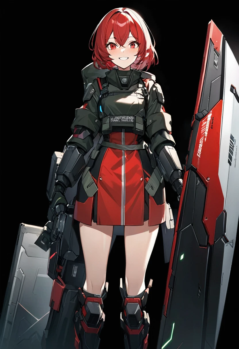 Anime-style girl in black and red outfit holding large shield, Cyberpunk Anime Girl Mecha, Wearing technical clothing, Amazing anime 8k, From Girls Frontline, Mechanized Soldier Girl, Special Assault Team, special forces, M4 Sopmod II Girls Frontline, Official character art, Kashert Kenz, Kshat Garland, ((short length red hair)), innocent, (cute), smiling, ((black background)), ((simple background)), ((holding super large shield)), ((Shield as tall as the owner's height)), ((small chest)), ((black long botoms)), , ((Kindness)), ((gentleness)), cheerful, Happy Smile,