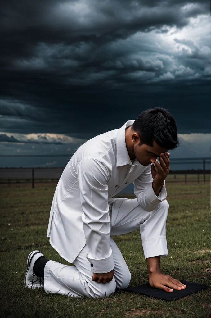 A young man on his knees bowing in a prayer dark skies and his white clothes.