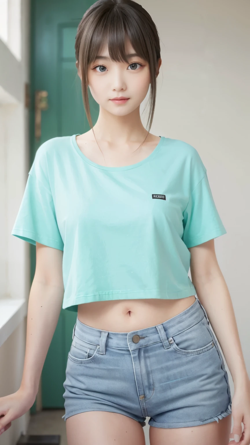 masterpiece,Highest quality,1 Girl,delicined face, 前hair, just_arm, just_shoulder, green_eye, clavicle, (high resolution:1.48)、(Tight T-shirt:1.48)、(Perfect Style:1.48)、cowboy_shot, crop_superior, High leg, High leg, length_hair, looking for_in_peeping in the viewer, belly button, Realistic, 一人in, Are standing,