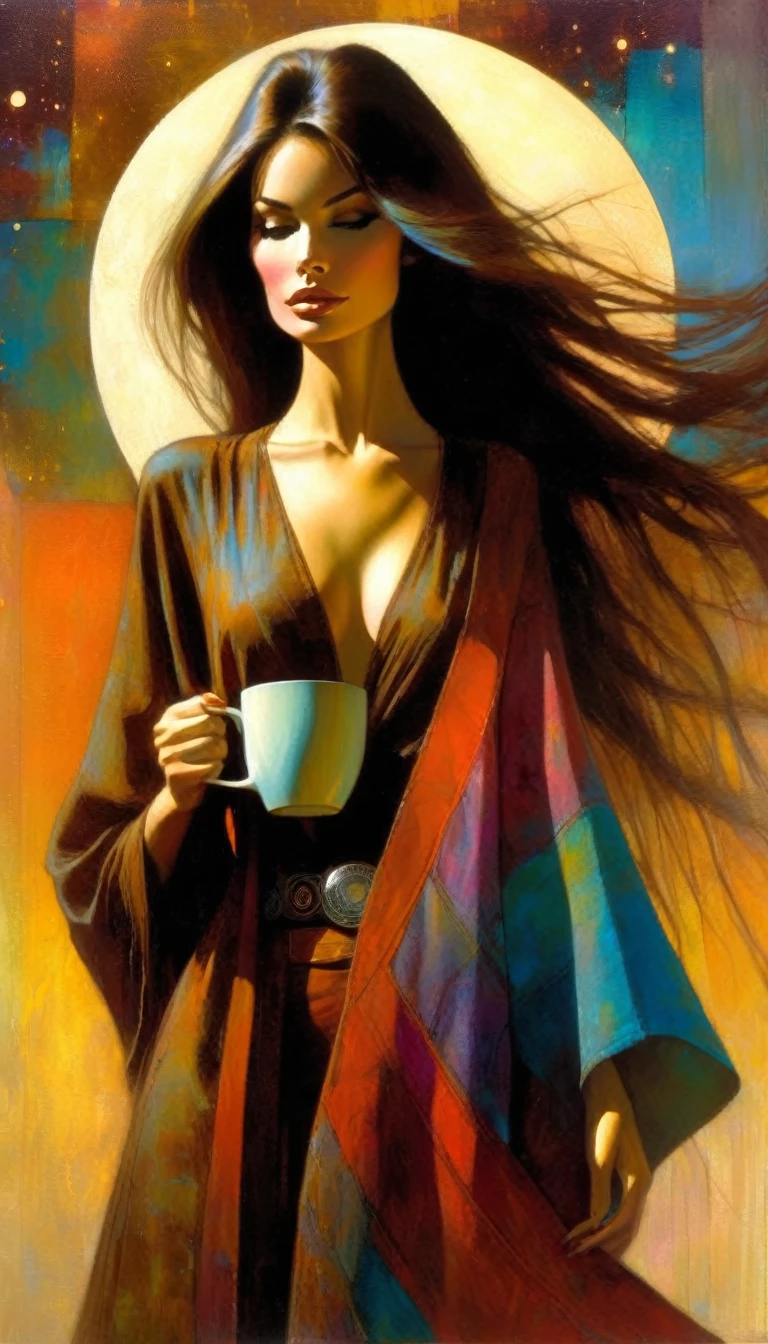 beautiful woman, traveling woman with a luxury cup in one hand, brown long hair, colorful clothes , half moon, discovery, trip (art inspired by dave McKean and Bill Sienkiewicz). oil painting)