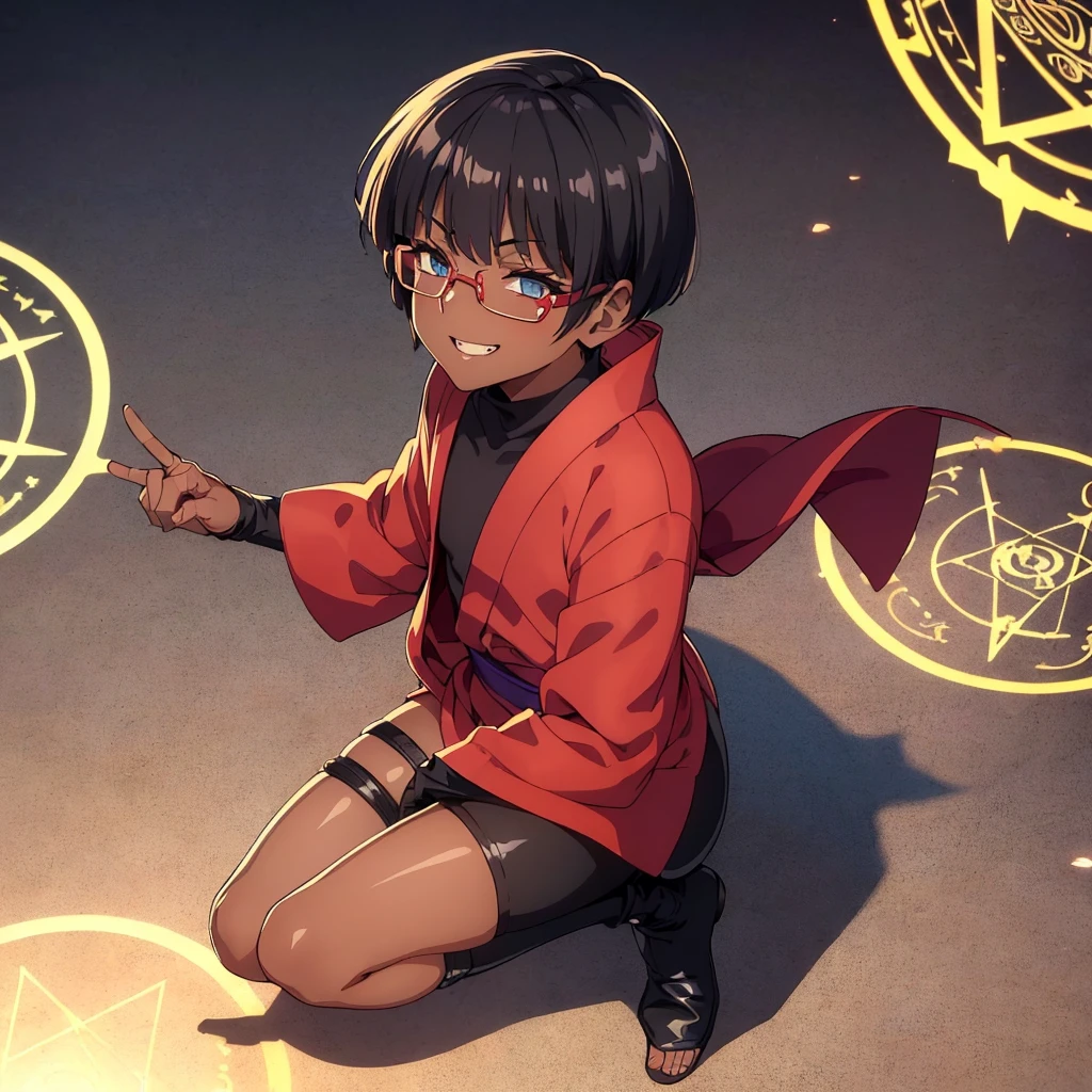 (flat chest), (masterpiece:1.2), highest quality, High resolution, unity 8k wallpaper, (fine and beautiful eyes:1.6), highly detailed face, perfect lighting, Detailed CG, (perfect hands, perfect anatomy), (1 boy solo:1.4), 20 years old, black hair, extremely beautiful detailfeminine face and eyes, (evil smile:1.4), detailed eyes, best quality,( dark skin:1.8), (turtleneck shirt under yukata:1.2), (bike shorts:1.2), extremely detailed, very precise detailed, (glasses:1.3), blunt bangs, open mouth, (very short pixie cut:1.2), boots,fingerless gloves, smile, (half closed eyes:1.3) ,(squat in magic circle on ground:1.1) ,night sky,long sidelocks,(long red Scarf),(yukata),(squatting),(squat:1.3),(one knee dwon:1.5),(Put one foot in front:1.3),(stylish pose:1.4),(Raise only index finger:1.1),(spread arms:1.2), (1990s \(style\)),(in magic circle on ground only:1.3),(from above:1.2),(open magic scroll by both hands:1.4),(have magic scroll:1.3)