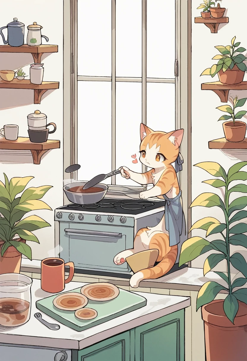 SD Main, Flat Illustration,
masterpiece, Highest quality, cooking, Cat,Girl, plant, heart, potted plant, White Background, coffee mug, Sitting, alone, kitchen,アイランドkitchen,Making sweets,cooking作っている
