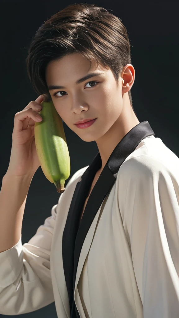 (RAW photo :1.2), (verisimilitude :1.4), (pure background), professional dress male, banana in hand, posing at screen smiling, very detailed eyes and face, super detailed, High resolution, very detailed, best quality, masterpiece, 8k, amazing, fine detail, soft lighting