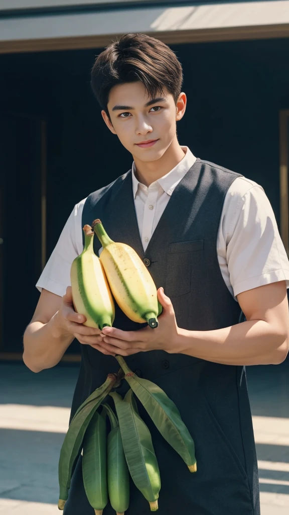 (RAW photo :1.2), (verisimilitude :1.4), (pure background), professional dress male, banana in hand, posing at screen smiling, very detailed eyes and face, super detailed, High resolution, very detailed, best quality, masterpiece, 8k, amazing, fine detail, soft lighting