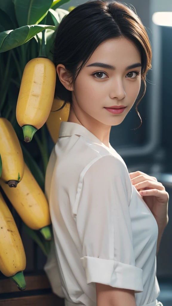 (RAW photo :1.2), (verisimilitude :1.4), (pure background), professional dress male, banana in hand, posing at screen smiling, very detailed eyes and face, super detailed, High resolution, very detailed, best quality, masterpiece, 8k, amazing, fine detail, soft lighting