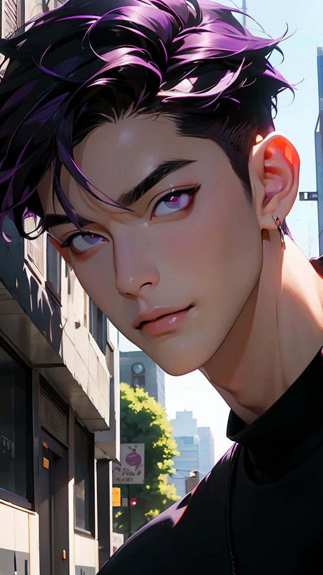 highest quality, 8K, high resolution image, anime style Jujutsu Kaisen, (Iori_suiseki), detailed strokes, bored look , blurred, purple light reflecting from it, (close angle), 1 man, young, male, model, hand in pocket, cool guy, multicolored Background with various geometric shapes, around stickers, muscular,Black hair, purple eyes, multicolored hair, purple hair, hair between eyes, highlighted hair ,swollen chest, withe shirt, black sweater, sweatpants, Background: big City, Streets, Park, People, blue sky, Cars, Bike