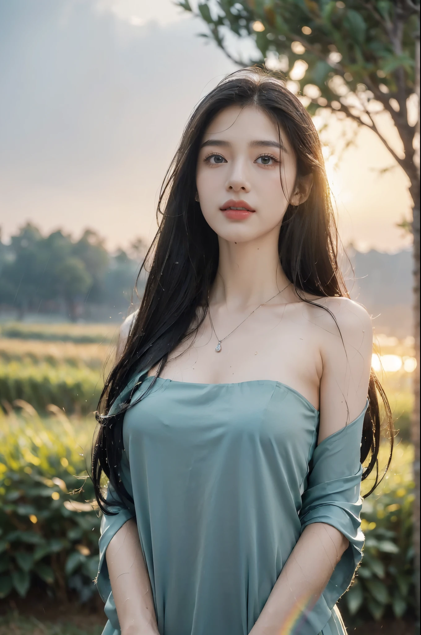 (((best quality))),(((ultra detailed))),(((masterpiece))),illustration,((1 beautiful girl,solo)),((slim,thin,flat chest)),(shoulder length straight bob hair:1.2),flowing hair,fair skin,(shiny skin:1.3),sparkling eyes,laughing,halter blue sundress,delicate necklace,grass,dewdropletts,trees,bird chirping,serenity,gratitude,awe,wonders of nature,peace,contentment,magnificent world,summer,(pitch-dark dawn:1.5),(night scene:1.3),upper body,from front,after rain,(wet:1.3),standing,on the path,confident gaze,elegant posture,mysterious atmosphere,solemn mood,dawn approaching,detailed decorations,(sunrise:1.3),rainbow,(Rural Landscape:1.2)