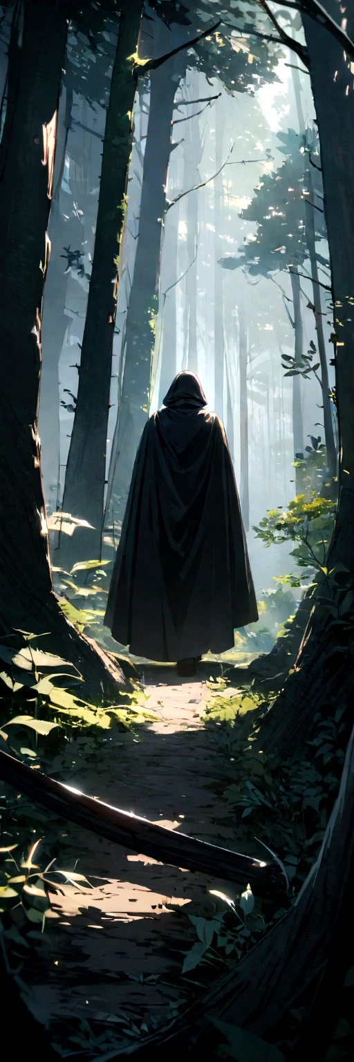 A man wearing a black robe and holding a sword with his bandit army behind him, set in a forest. Approaching perfection, Long take shot, Ultra detailed, smooth, 4K resolution.