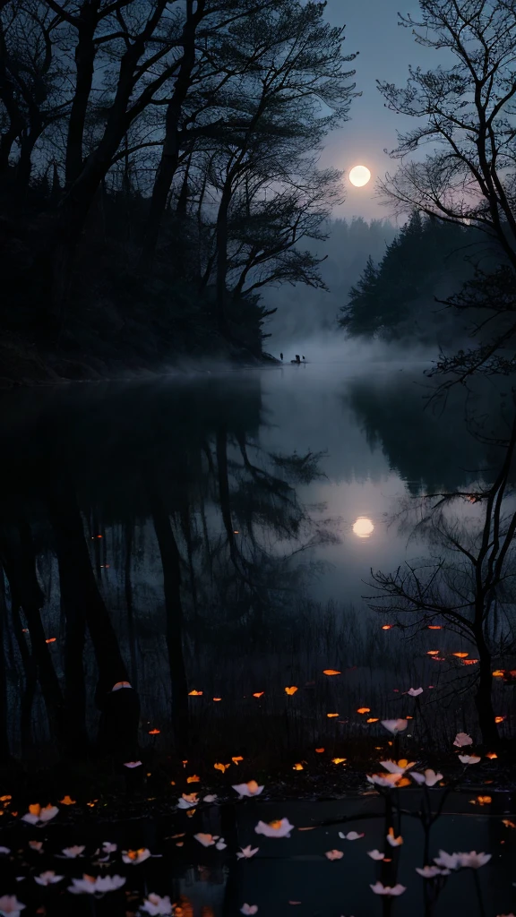 masterpiece of materpieces, PHOTOREALITIC, DENSE MIST. Smokey skies cast eerie light in the Anthropocene on a lake surrounded by cherry blossom trees, snow falling, enchanted forest, heavy mist and fog over the lake, fairy tale vibes, petals floating, dreamy looking, Sun burning like fire. Stars on the sky. Field filled with white flowers. PHOTOREALISTIC and cinematic. Nikon Z9