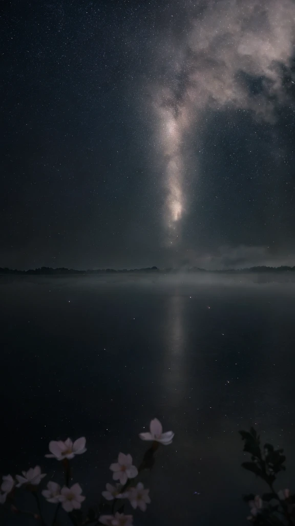 masterpiece of materpieces, PHOTOREALITIC, DENSE MIST. Smokey skies cast eerie light in the Anthropocene on a lake surrounded by cherry blossom trees, snow falling, enchanted forest, heavy mist and fog over the lake, fairy tale vibes, petals floating, dreamy looking, Sun burning like fire. Stars on the sky. Field filled with white flowers. PHOTOREALISTIC and cinematic. Nikon Z9