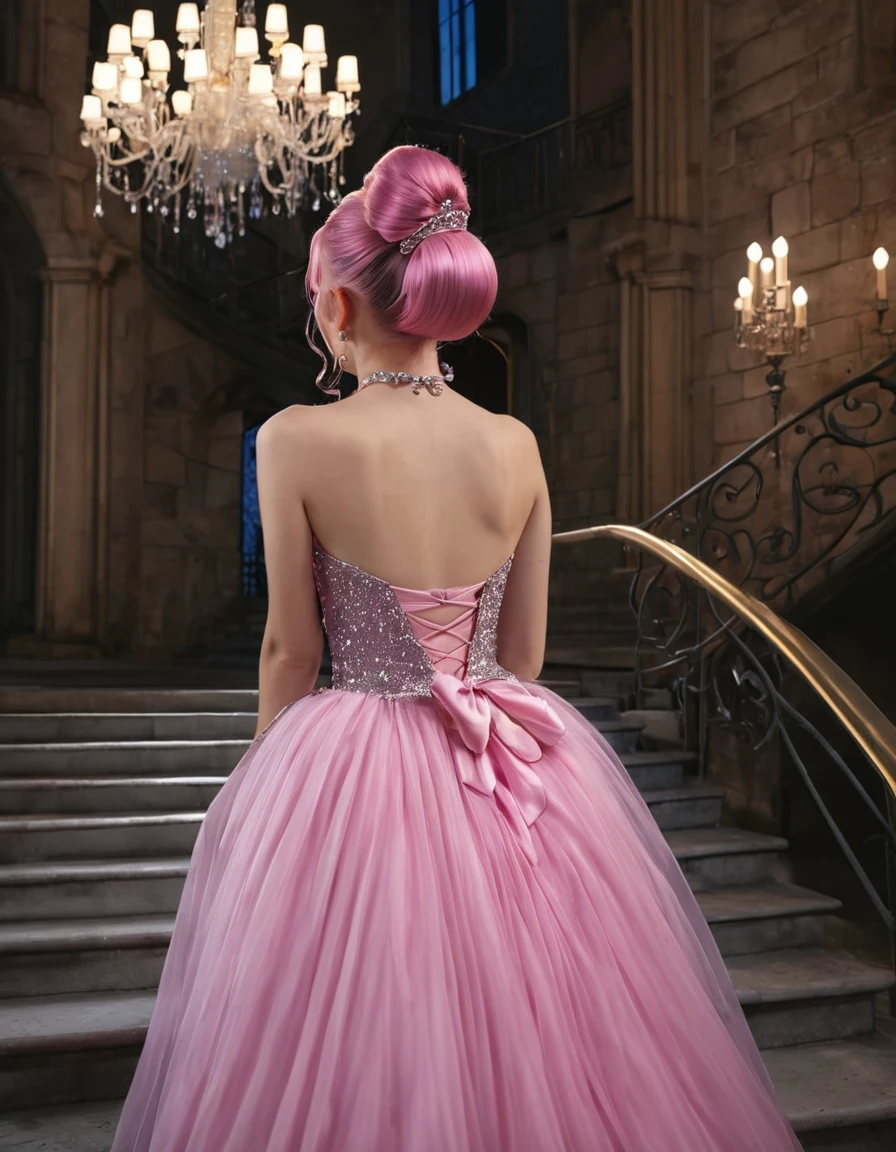 ((masterpiece, Highest quality, Best image quality, High resolution, Realistic, RAW Photos, 8K)), Woman in evening dress, (Long pink hairhair tied back, Jeweled wig, Long gloves, Glass Slipper, Bare shoulders, Bare back), Looking back from halfway up the wide staircase leading to the castle, Look down,far away shot,widea angle taken
