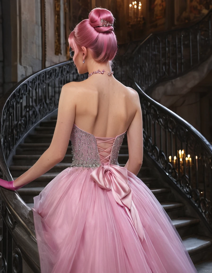 ((masterpiece, Highest quality, Best image quality, High resolution, Realistic, RAW Photos, 8K)), Woman in evening dress, (Long pink hairhair tied back, Jeweled wig, Long gloves, Glass Slipper, Bare shoulders, Bare back), Looking back from halfway up the wide staircase leading to the castle, Look down,far away shot,widea angle taken
