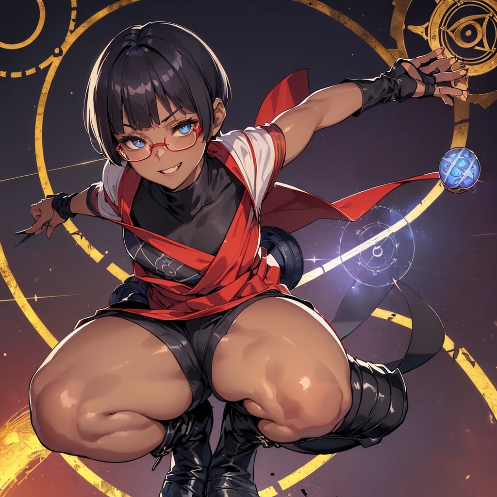 (flat chest), (masterpiece:1.2), highest quality, High resolution, unity 8k wallpaper, (fine and beautiful eyes:1.6), highly detailed face, perfect lighting, Detailed CG, (perfect hands, perfect anatomy), (1 boy solo:1.4), 20 years old, black hair, extremely beautiful detailfeminine face and eyes, (evil smile:1.4), detailed eyes, best quality,( dark skin:1.8), (turtleneck shirt under yukata:1.2), (bike shorts:1.2), extremely detailed, very precise detailed, (glasses:1.3), blunt bangs, open mouth, (very short pixie cut:1.2), boots,fingerless gloves, smile, (half closed eyes:1.3) ,(squat in magic circle on ground:1.1) ,night sky,long sidelocks,(long red Scarf),(yukata),(squatting),(squat:1.3),(one knee dwon:1.5),(Put one foot in front:1.3),(stylish pose:1.4),(Raise only index finger:1.1),(spread arms:1.2), (1990s \(style\)),(in magic circle on ground only:1.3),(from above:1.2),(open magic scroll by both hands:1.4),(have magic scroll:1.3)