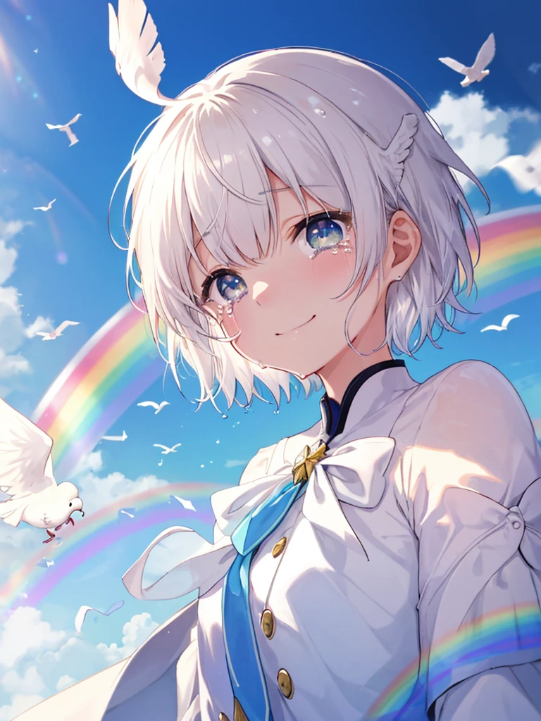 (((Extreme close-up tears smile Low - Angle Dove of peace))) ((輝くtears Rainbow Eyes Short Hair Receiving the light Rainbow light)) (Shining Edge)