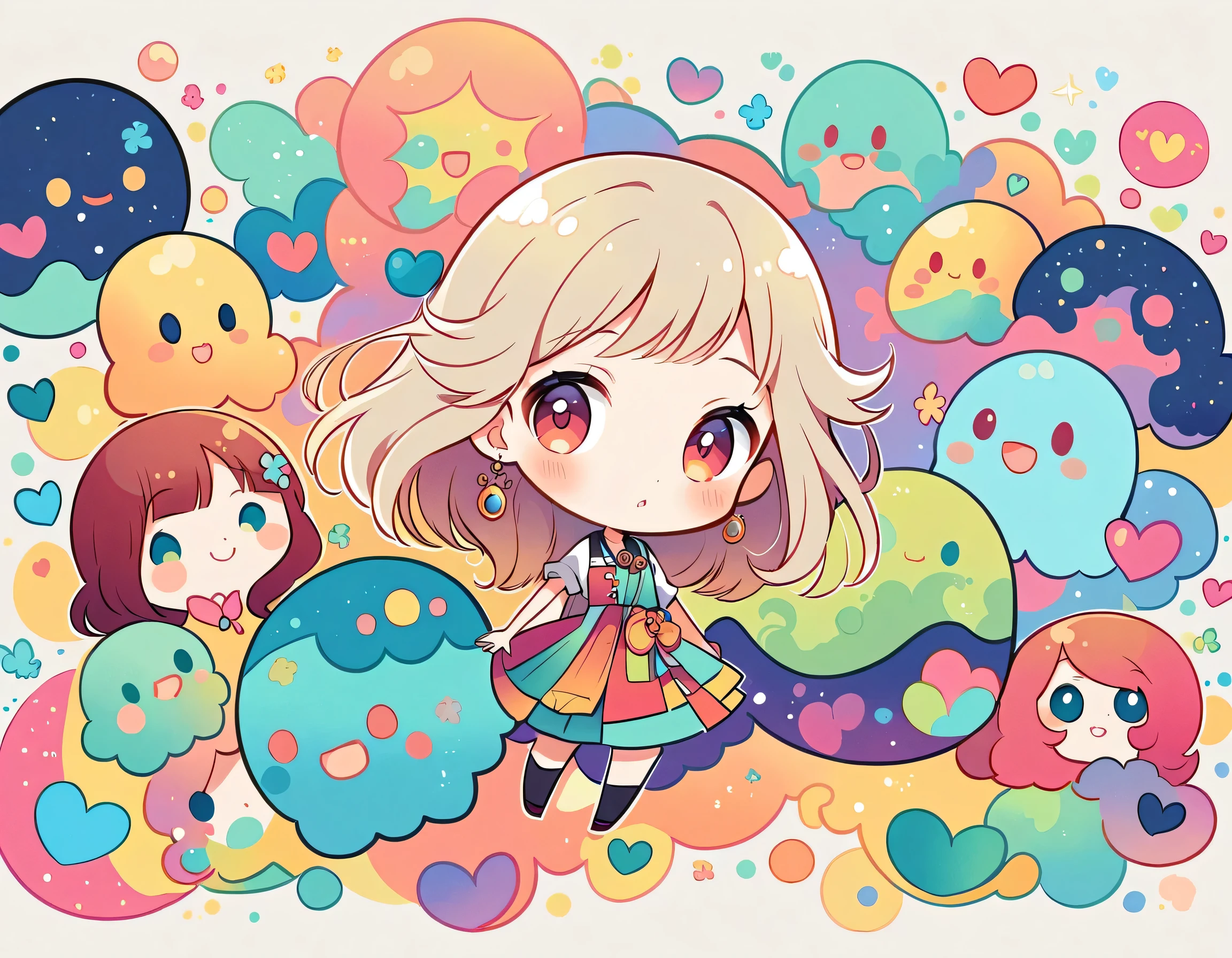 Momoko style, Simple Line Initialism,Abstract art,Urban Background, colorful hearts ,(((The most beautiful girl of all time))), (((chibi))), (((Cute amoeba)))