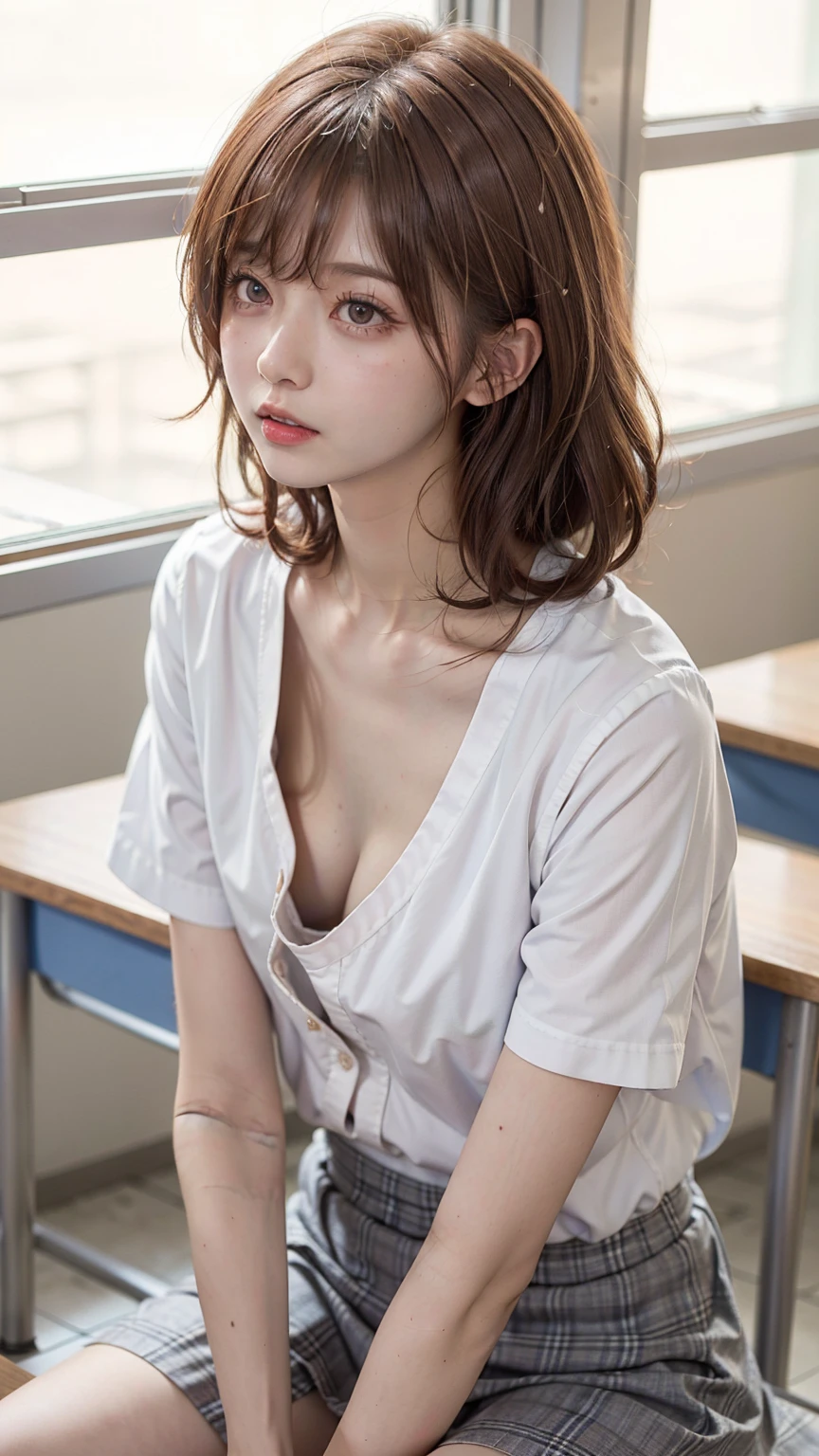 8K quality、High resolution、Beautiful fair skin texture、High resolutionの瞳、Japanese high school girls、Summer uniform、Open-neck short-sleeved white shirt、Cleavage、mini skirt、Brown Princess Hair、、Small breasts、Sweat accumulates in the chest、classroom、Eros