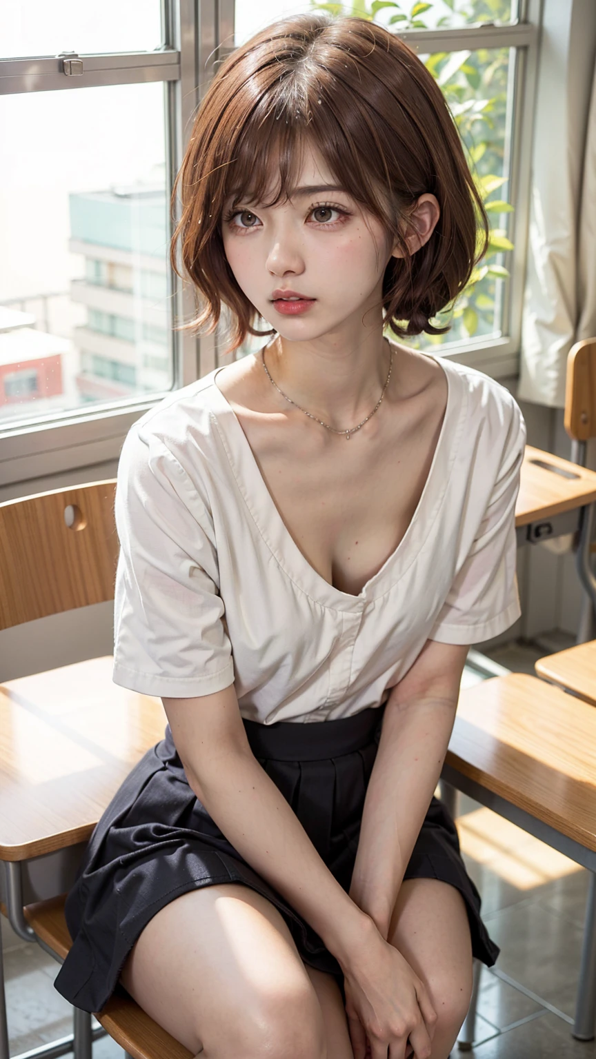 8K quality、High resolution、Beautiful fair skin texture、High resolutionの瞳、Japanese high school girls、Summer uniform、Open-neck short-sleeved white shirt、Cleavage、mini skirt、Brown Princess Hair、、Small breasts、Sweat accumulates in the chest、classroom、Eros