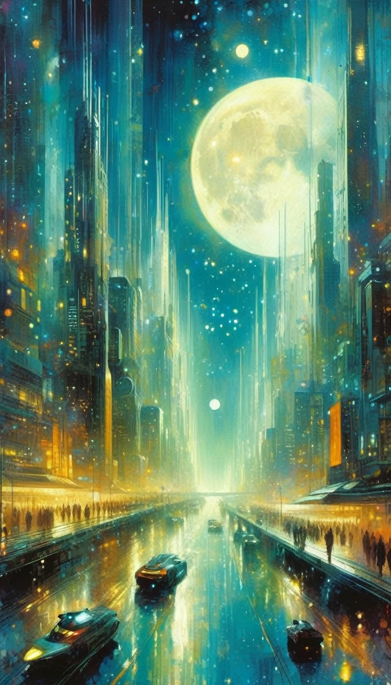the future big city, many details,magic, fantastic, night sky, moon, stars, background, (art inspired by Bill Sienkiewicz). oil painting)
