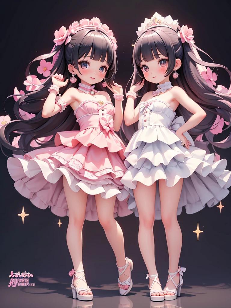 (((bishojo, two girls))), ((kawaii face)), ((kawaii eyes)), (masterpiece), (top quality), (hyper detailed), (exquisite), (depth), (crisp), (8k), (beautiful and aesthetic), (super detailed skin), (high standard), (high resolution), (perfect anatomy), ((full body)), (nose blush), (bare foot), ((armpits)), (blunt bangs), (earrings), (strapless dress), (lipstick)