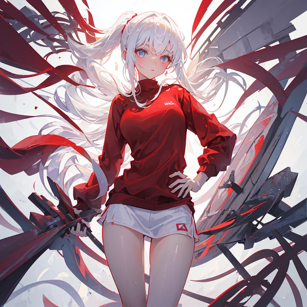A girl with a high ponytail wearing a red sweatshirt,Beautiful figure,White hair,((Pure white background))