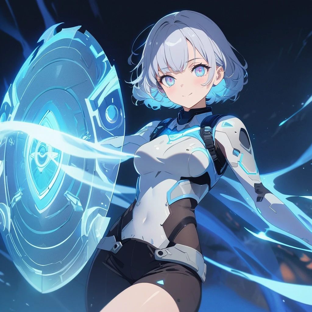 an image of a gentle girl with short, silvery-blue hair, wearing a futuristic fantasy, battle-ready outfit with glowing blue elements. She has a kind expression on her face, characterized by soft, warm eyes and a gentle smile with relaxed features. She is generating a large, translucent energy shield that shimmers with blue light, protecting herself and an area around her. The girl should be in a dynamic yet gentle pose, with one hand outstretched towards the viewer as if she's directing the shield and the other hand resting gently by her side. Her stance is strong yet relaxed, with one leg slightly bent. The background is dark and dramatic, with hints of blue light and energy waves illuminating their figures. The shield should have intricate, glowing patterns, enhancing the sense of her power and gentle control, (nude:0.8), detailed gorgeous face| anime style| key visual| intricate detail| highly detailed| breathtaking| vibrant| panoramic| cinematic| Carne Griffiths| Conrad Roset| gibbli 8k